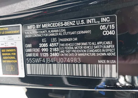 2015 Mercedes-Benz C 300 Luxury/Sport из США, поврежденный, VIN 55SWF4JB4FU074983